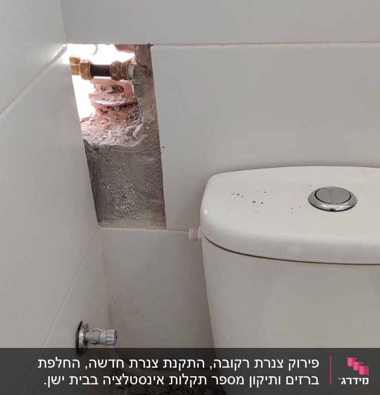 צינור מים חשוף בקיר ליד אסלה